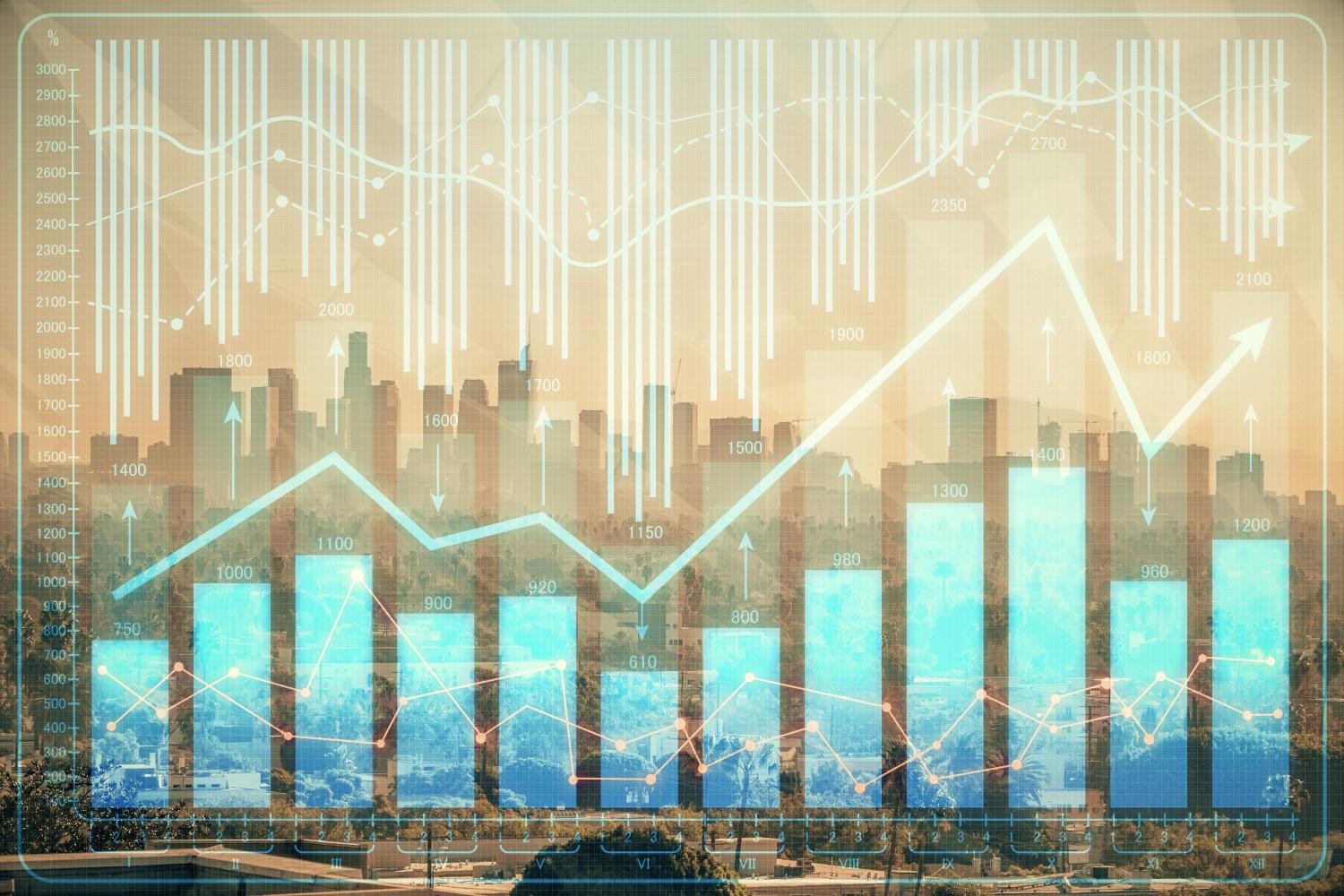 Forex chart on cityscape with skyscrapers