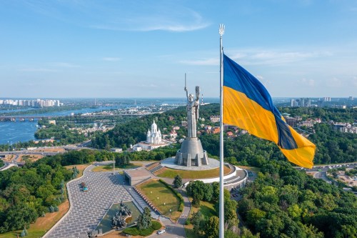 Aerial,View,Of,The,Ukrainian,Flag,Waving,In,The,Wind