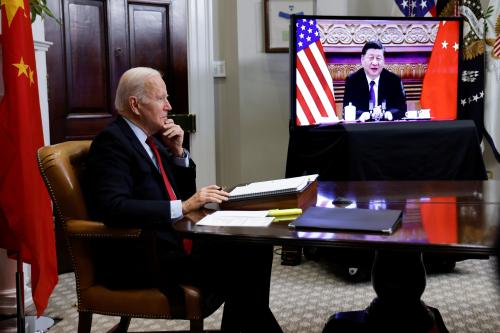 U.S. President Joe Biden speaks virtually with Chinese leader Xi Jinping from the White House in Washington, U.S. November 15, 2021.  REUTERS/Jonathan Ernst