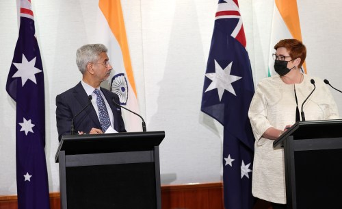 External Affairs Minister of India Dr Subrahmanyam Jaishankar and Australian Minister for Foreign Affairs Marise Payne  speak to media during a press conference following a meeting of the Quadrilateral Security Dialogue (Quad) foreign ministers in Melbourne, Saturday, February 12, 2022. (AAP Image/Con Chronis) NO ARCHIVINGNo Use Australia. No Use New Zealand.
