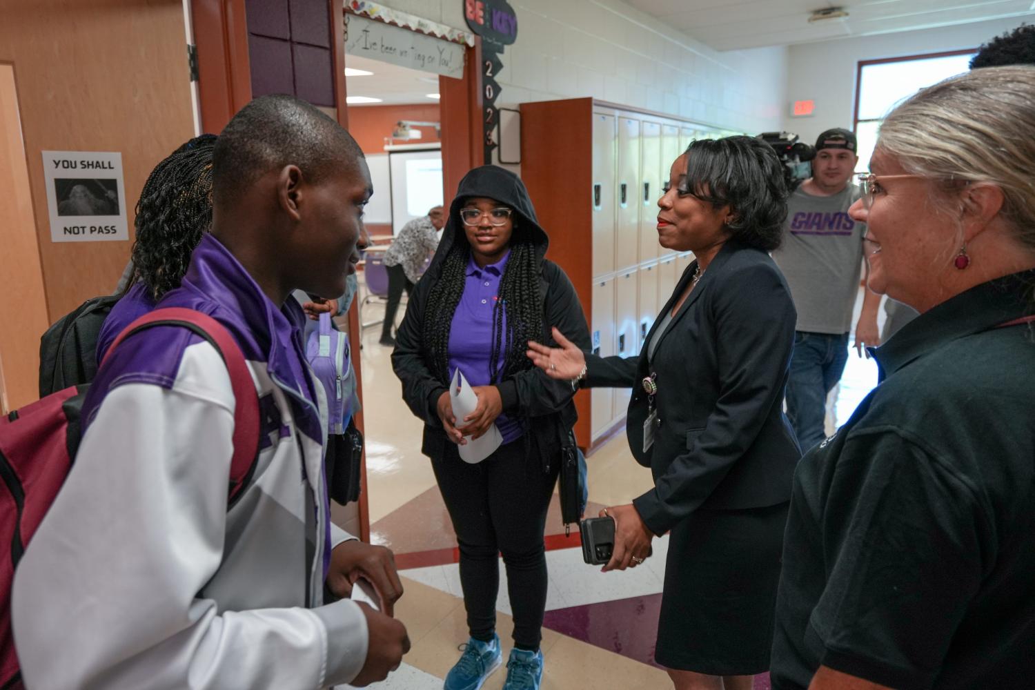 Cincinnati Public Schools Superintendant and CEO, Iranetta Rayborn Wright tours Aiken High School on the first day of school on Thursday August 18, 2022. Wright walked around, greeting students and staff and taking selfies with them.