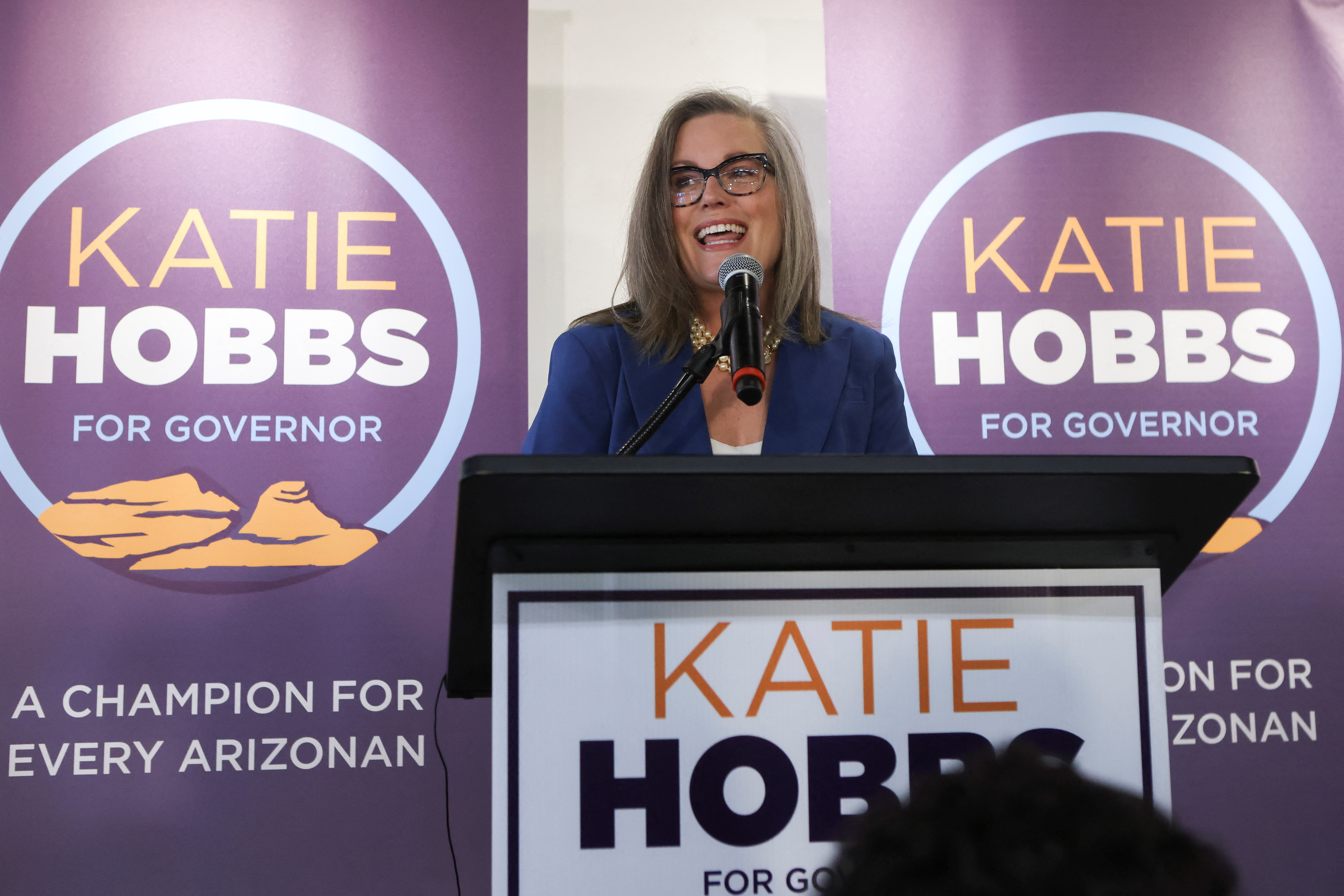 Democrat Katie Hobbs gives a victory speech after winning the race to become Arizona's next governor against Kari Lake in the midterm elections in Phoenix, Arizona, U.S., November 15, 2022.  REUTERS/Jim Urquhart