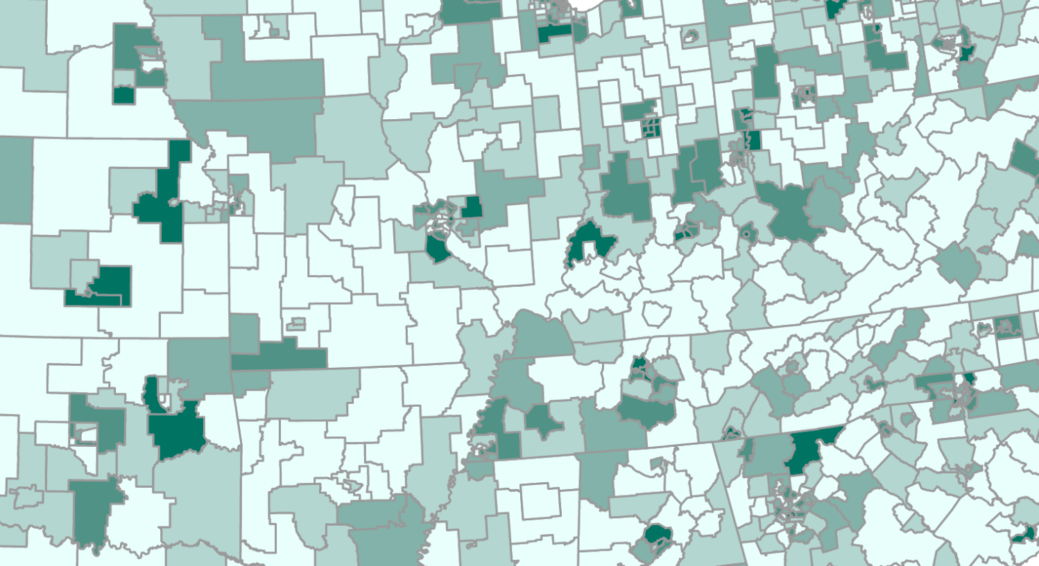 Close-up of a map with varying colors by Public Use Microdata Area