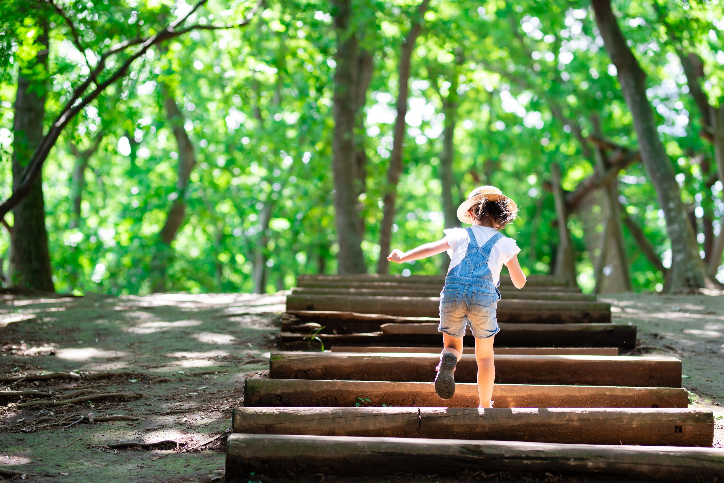 A child runs up stairs in the woods