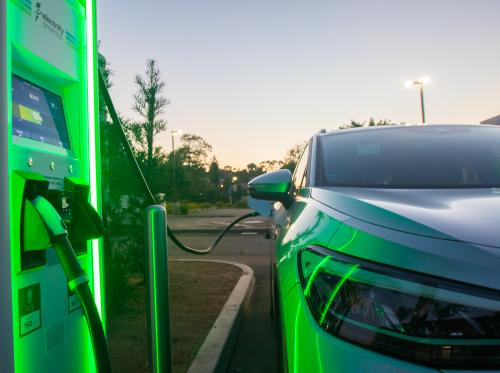 A new America electric vehicle charging station in San Diego, California on Friday, July 30, 2021, included Volkswagen and Nissan electric vehicles. (Photo by Rishi Deka/SIPA USA)No Use Germany.