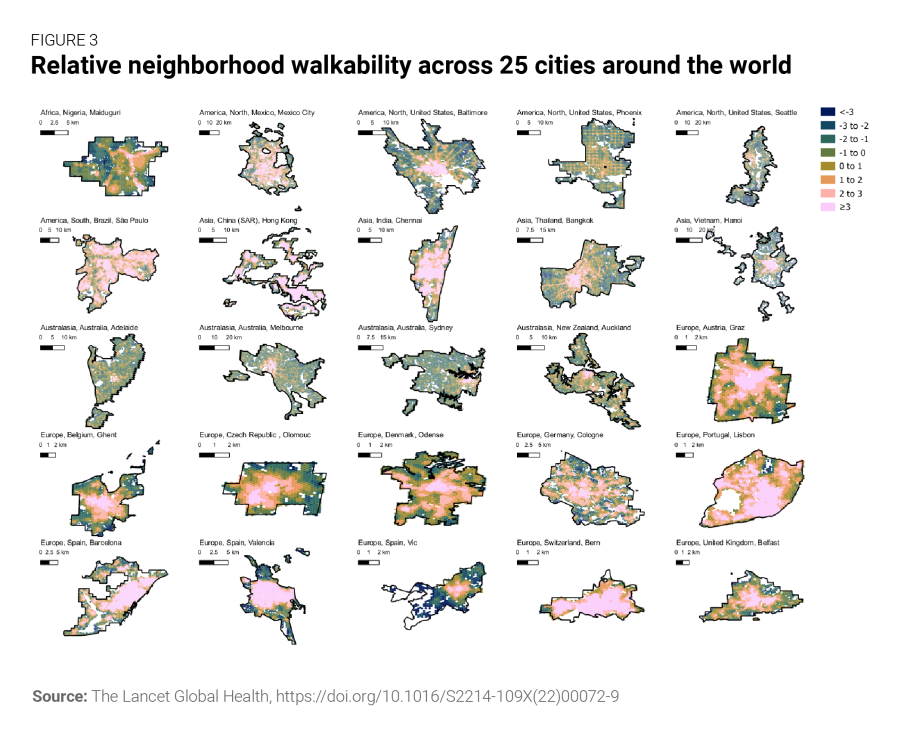 Relative neighborhood walkability across 25 cities around the world
