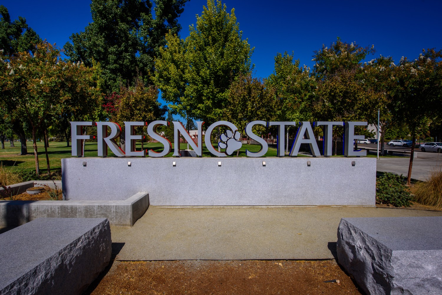 The entrance sign to the campus of Fresno State University in Fresno, California on September 14, 2018.