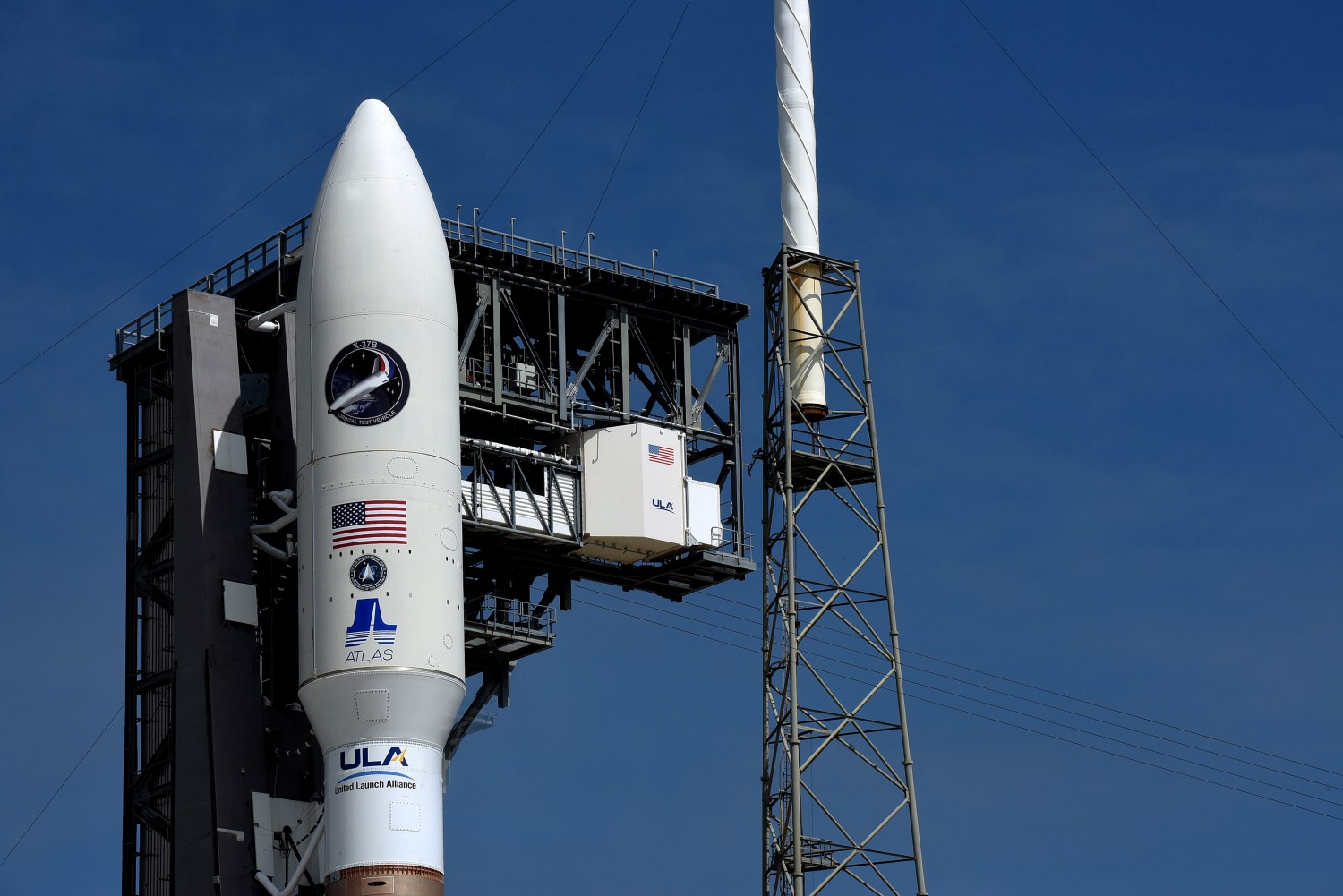 A United Launch Alliance Atlas V rocket carrying the X-37B Orbital Test Vehicle (OTV-6) stands ready on May 15, 2020 for a scheduled launch tomorrow at Cape Canaveral Air Force Station in Cape Canaveral, Florida. The USSF-7 mission for the U.S. Space Force will be the sixth flight of the OTV-6 space plane, an unmanned spacecraft which resembles a miniature version of NASA's retired space shuttle. (Photo by Paul Hennessy/NurPhoto)NO USE FRANCE