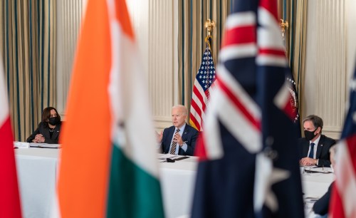President Joe Biden, joined by Vice President Kamala Harris and Secretary of State Antony Blinken, participates in a virtual Quad Summit with Indian Prime Minister Narendra Modi, Japanese Prime Minister Yoshihide Suga and Australian Prime Minister Scott Morrison on Friday, March 12, 2021, in the State Dining Room of the White House. (Official White House Photo by Adam Schultz via Sipa USA) Please note: Fees charged by the agency are for the agencys services only, and do not, nor are they intended to, convey to the user any ownership of Copyright or License in the material. The agency does not claim any ownership including but not limited to Copyright or License in the attached material. By publishing this material you expressly agree to indemnify and to hold the agency and its directors, shareholders and employees harmless from any loss, claims, damages, demands, expenses (including legal fees), or any causes of action or allegation against the agency arising out of or connected in any way with publication of the material.No Use Germany.