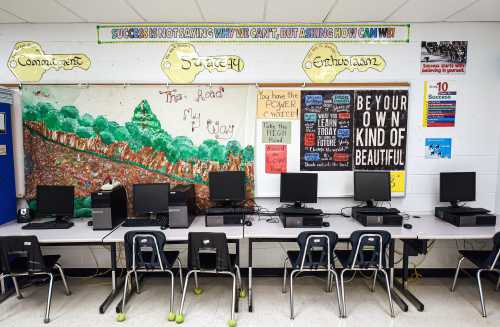 Computer stations are seen in a classroom at Lyman High School in Longwood on the day before classes begin for the 2021-22 school year. Seminole County Florida Public Schools have implemented a face covering/mask mandate for students for 30 days unless a parent chooses to opt out of the requirement. (Photo by Paul Hennessy / SOPA Images/Sipa USA)No Use Germany.