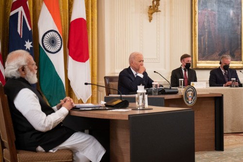 President Joe Biden hosts a Quad Leaders Summit with India Prime Minister Narendra Modi, left, Australian Prime Minister Scott Morrison, Japan Prime Minister Suga Yoshihide (both not pictured) in the East Room at the White House in Washington, D.C. on Friday, September 24, 2021. (Sarahbeth Maney/The New York Times)