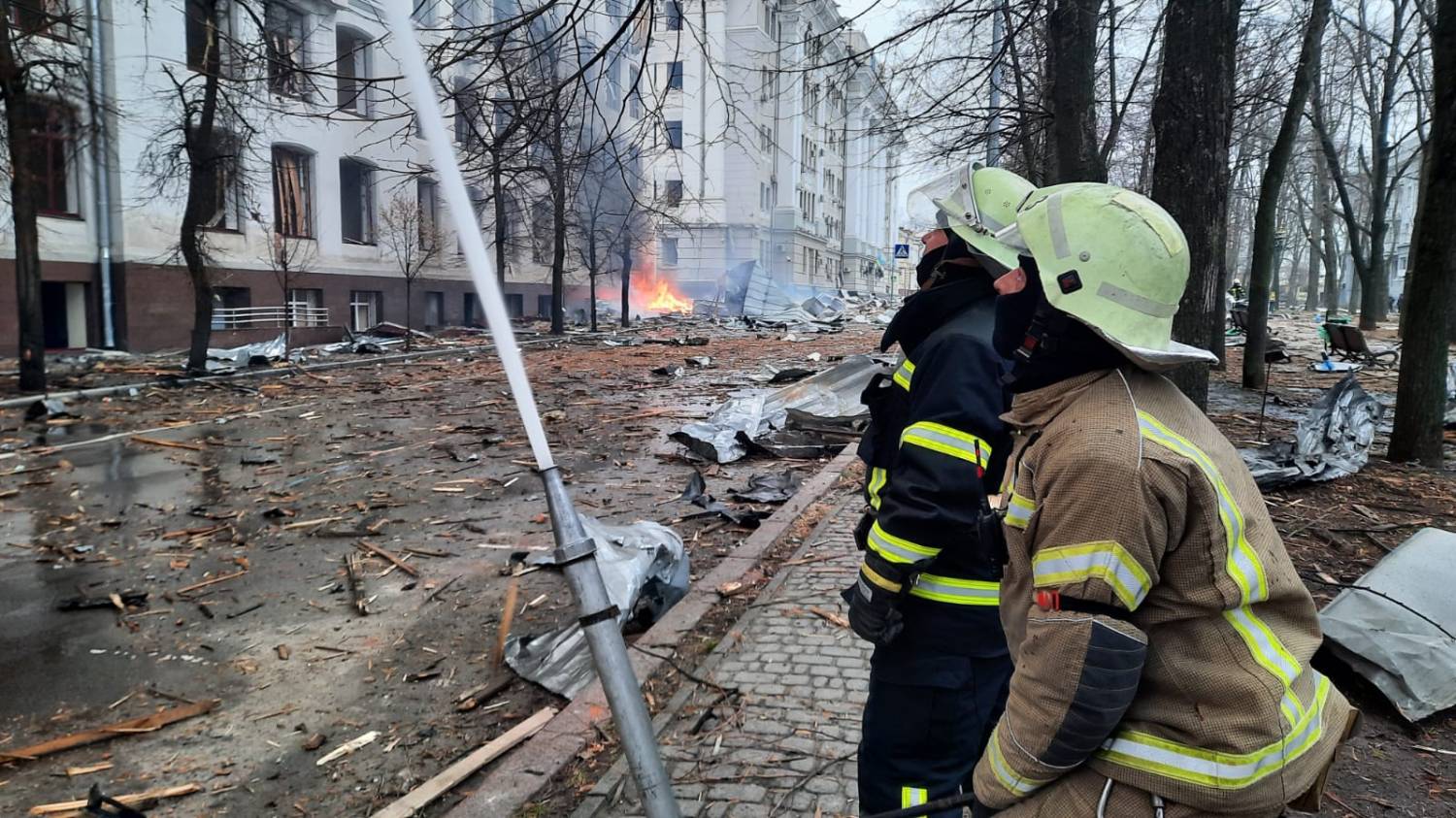 Buildings of the Security Service of Ukraine (SBU), the State Unitary Enterprise of the National Police and the Kharkiv National University in the Kharkiv, second largest city of Ukraine is struck by a Russia army missile at about 08:10 on March 2, 2022. (State Emergency Service of Ukraine/EYEPRESS)