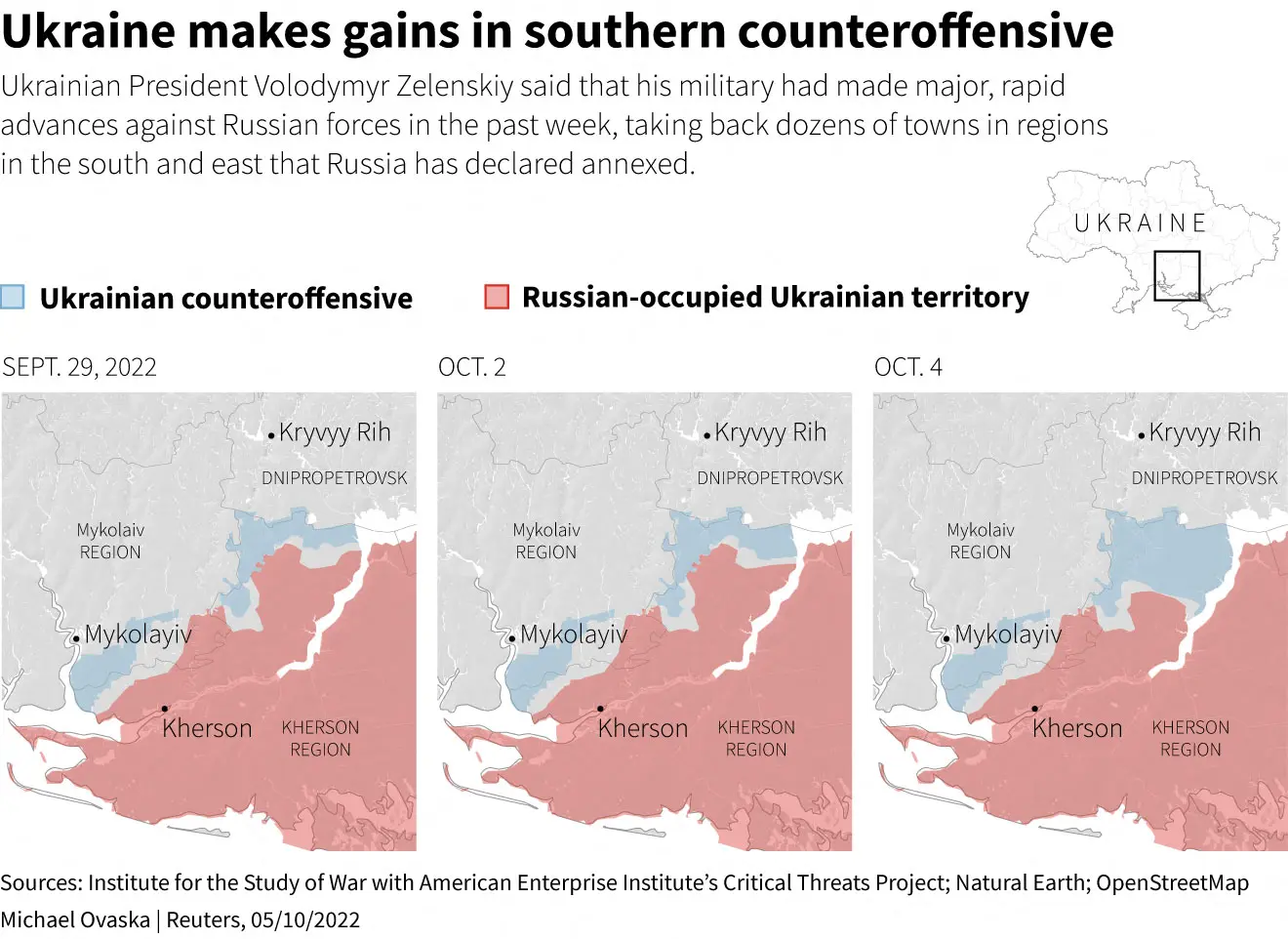 Ukraine’s swift advance since driving Russian forces away from the capital in March has turned the tide in the seven-month war Map showing Ukraine's advances against Russian forces in the past week