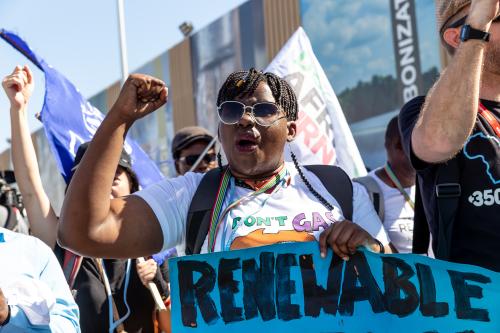 African activists protests demanding climate action and Loss and Damage reparations on the seventh day of the COP27 UN Climate Change Conference, held by UNFCCC in Sharm El-Sheikh International Convention Center, Egypt on November 12, 2022. COP27, running from November 6 to November 18 in Sharm El Sheikh focuses on implementation of measures already agreed during previous COPs. The Conference in Sharm El Sheikh focuses also on the most vulnerable communities as the climate crisis hardens life conditions of those already most disadvantaged. (Photo by Dominika Zarzycka/NurPhoto)NO USE FRANCE