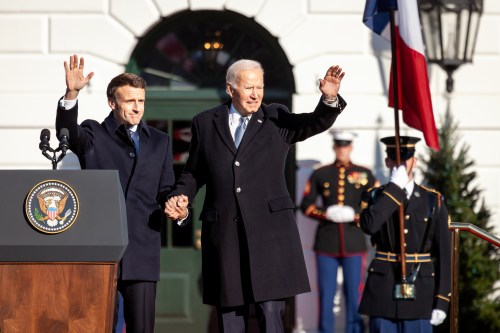 President Joe Biden and President Emmanuel Macron of France shake hands during the arrival ceremony for the Biden-Harris Administration's first state visit.  Meetings during the day will be followed by a state dinner hosted by President Joe Biden and First Lady Jill Biden. (Photo by Allison Bailey/NurPhoto)NO USE FRANCE