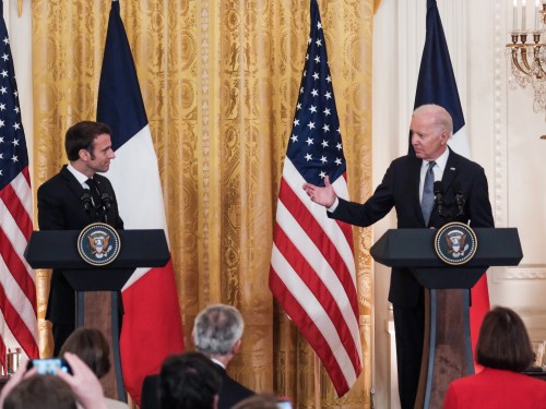 President Biden and President Macron speak at a joint press conference ahead of their December state dinner.