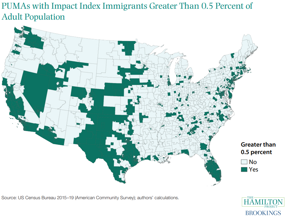 Figure illustrating PUMAs with Impact Index Immigrants Greater Than 0.5 Percent of Adult Population.