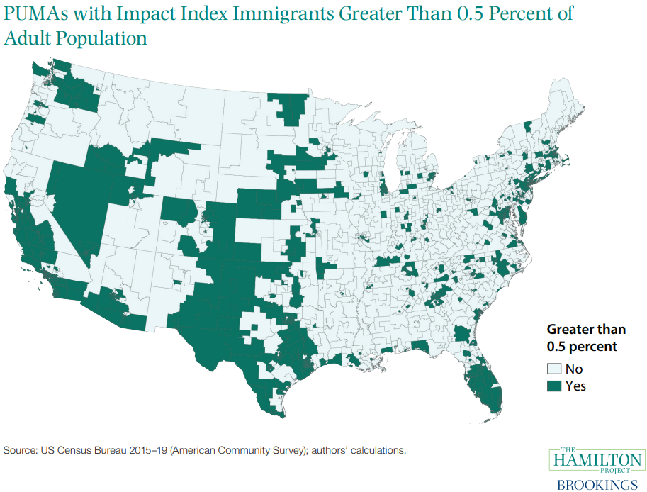 Figure illustrating PUMAs with Impact Index Immigrants Greater Than 05 Percent of Adult Population