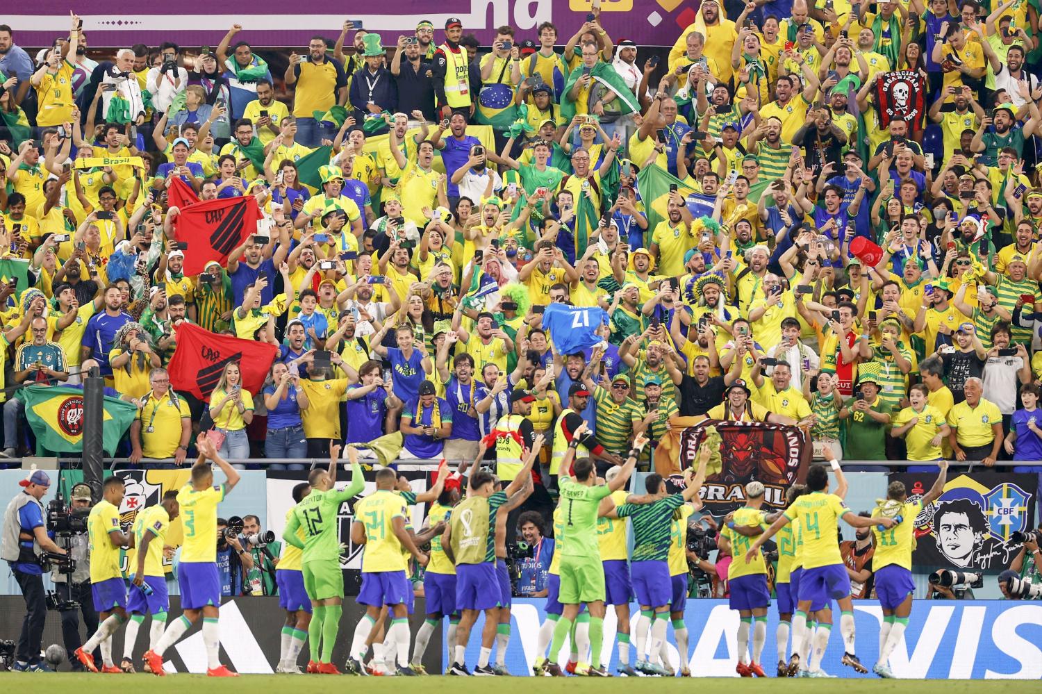 Brazil supporters celebrate after their team's 1-0 win over Switzerland in a World Cup Group G football match at Stadium 974 in Doha, Qatar, on Nov. 28, 2022. Brazil advanced to the knockout stage. (Kyodo)
==Kyodo
NO USE JAPAN