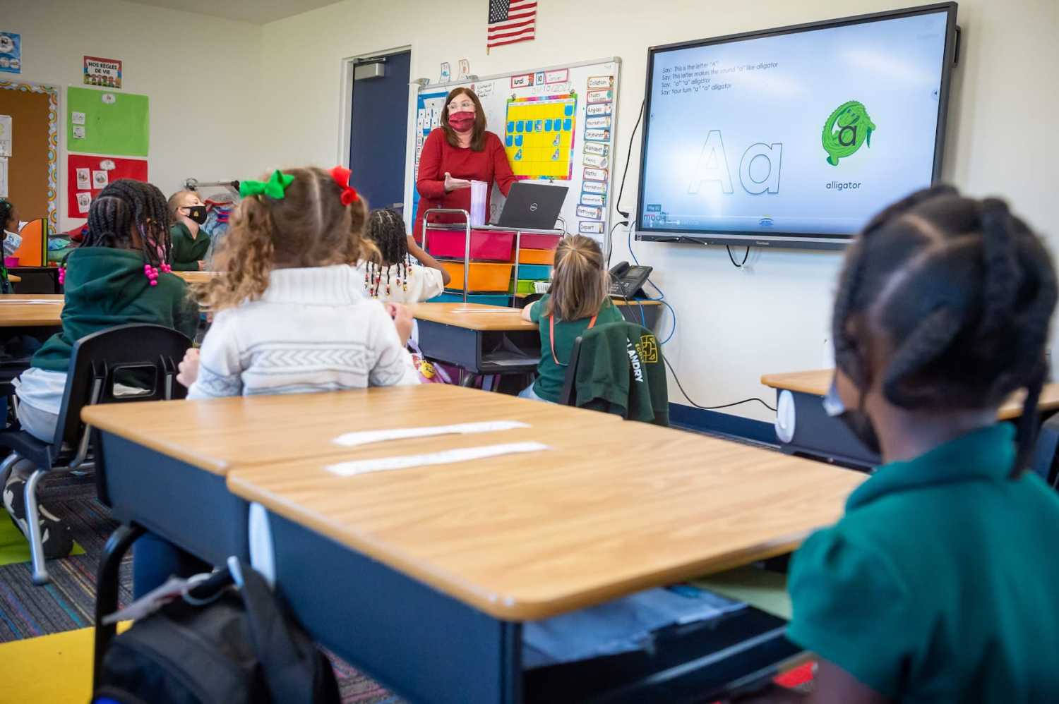 English teacher Connie Bowen in the classroom at Ecole Saint-Landry, a French immersion charter school in Sunset. Monday, Jan. 10, 2022.