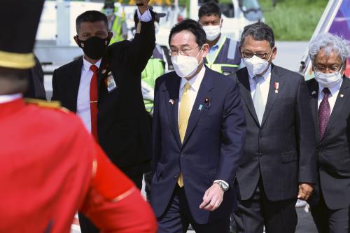 Japanese Prime Minister Fumio Kishida (C) arrives at Soekarno-Hatta International Airport near Jakarta on April 29, 2022, wearing a mask for protection against the coronavirus. Kishida visits Indonesia on the first leg of his tour of five nations in Southeast Asia and Europe. (Pool photo) (Kyodo)
==Kyodo
NO USE JAPAN