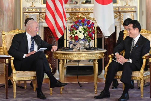 U.S. President Joe Biden and Japan's Prime Minister Fumio Kishida attend the Japan-U.S. summit meeting at Akasaka Palace state guest house in Tokyo, Japan, May 23, 2022.