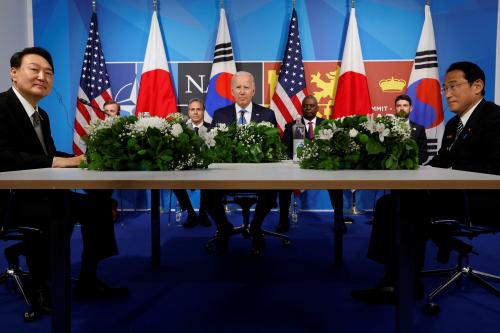 U.S. President Joe Biden, U.S. Secretary of State Antony Blinken, U.S. Defense Secretary Lloyd Austin, South Korea's President Yoon Suk-yeol and Japanese Prime Minister Fumio Kishida meet during a NATO summit in Madrid, Spain, June 29, 2022. REUTERS/Jonathan Ernst