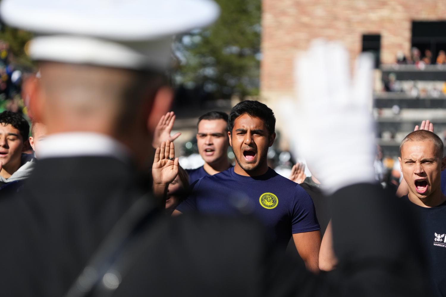 Nov 5, 2022; Boulder, Colorado, USA; United States military recruits are sworn in during the first half of the game against the Oregon Ducks against the Colorado Buffaloes at Folsom Field. Mandatory Credit: Ron Chenoy-USA TODAY Sports