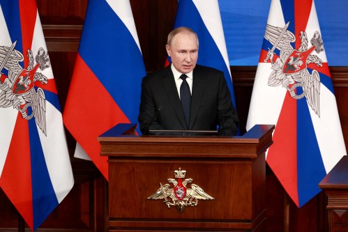 FILE PHOTO: Russian President Vladimir Putin delivers a speech during an annual meeting of the Defence Ministry Board in Moscow, Russia, December 21, 2022. To match Special Report UKRAINE-CRISIS/GERMANY-INFLUENCERS   Sputnik/Sergei Fadeichev/Pool via REUTERS/File Photo   ATTENTION EDITORS - THIS IMAGE WAS PROVIDED BY A THIRD PARTY.