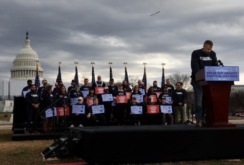 Former Washington DC police officer Michael Fanone gives a speech denouncing political violence during a news conference put on by Courage for America featuring veterans, politicians on the west side of the U.S. Capitol building in Washington, U.S., January 5, 2023. REUTERS/Leah Millis