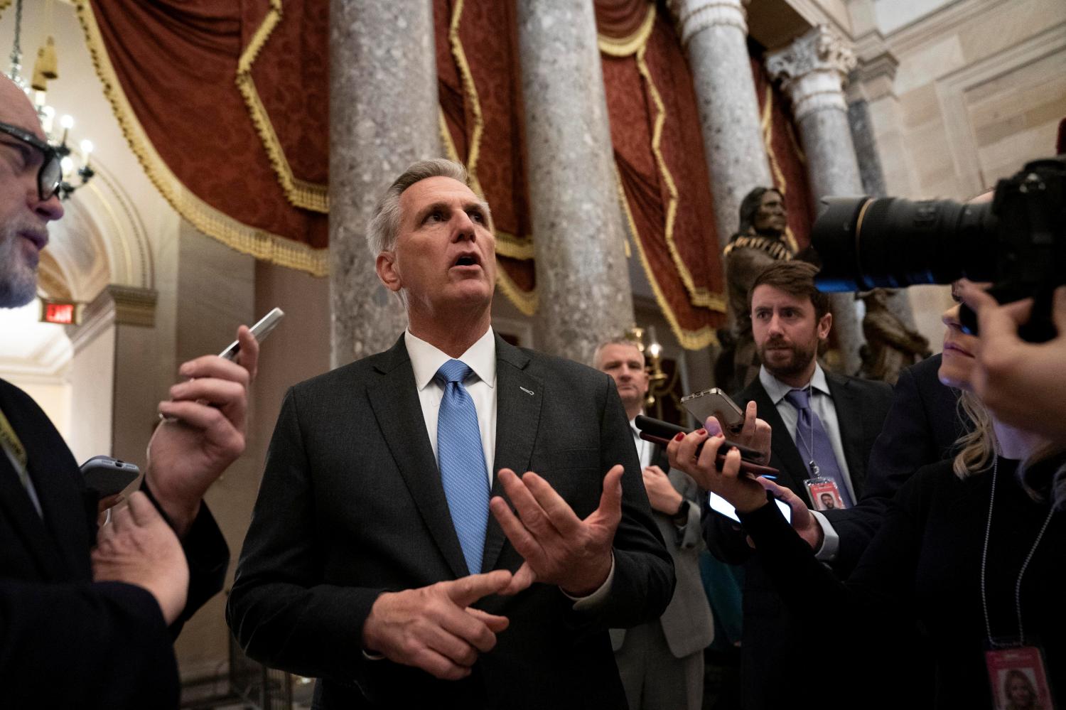 House Speaker Kevin McCarthy (R-CA) speaks to reporters as he walks from the House floor to his office at the U.S. Capitol in Washington, D.C., U.S., January 9, 2023. REUTERS/Sarah Silbiger