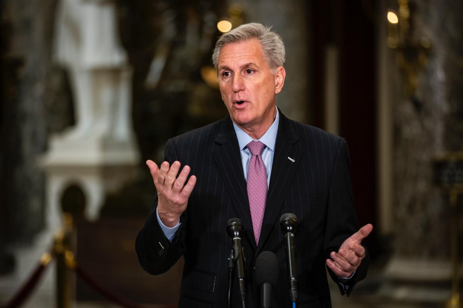 Speaker of the House Kevin McCarthy (R-NY) holds a press conference in Statuary Hall following a vote in the House of Representatives in Washington, D.C., on Jan. 12, 2023. This marks the conclusion of McCarthys first week as Speaker after 15 rounds of ballots, which was the first time in over 100 years that more than 1 ballot was needed. (Photo by Samuel Corum/Sipa USA)