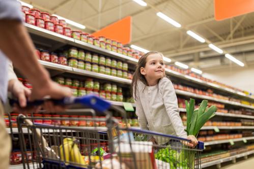A girl on a grocery cart