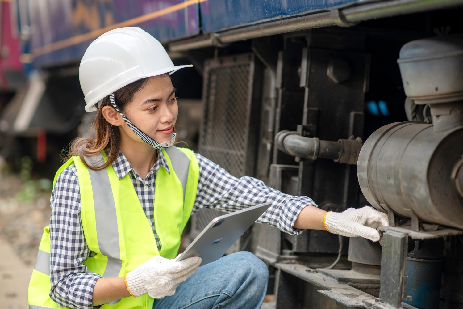 Female engineer wearing protective clothing and helmet is inspecting the availability of the freight train's hydraulic system. A technician with laptop inspecting work at a railway maintenance workshop