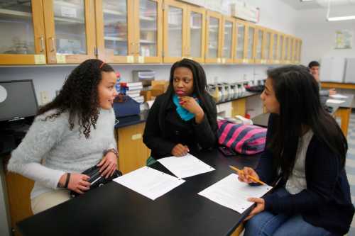 Precious Perez, Samantha Riche (C) and Evelyn Martinez (R) work on a lab project during their chemistry class at a high school in Chelsea, Massachusetts January 24, 2014. Sixteen-year-old Perez has been blind since birth. She lives in Chelsea, Massachusetts, a working-class city on the outskirts of Boston. Her life is both like and unlike that of many of her contemporaries, blind or sighted. She walks with a friend to their public high school in the morning, takes voice lessons, plays goalball, and spends her time on social media. Picture taken January 24, 2014. REUTERS/Brian Snyder (UNITED STATES - Tags: SOCIETY EDUCATION)