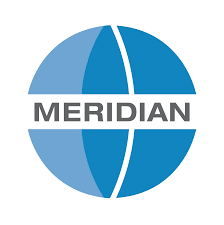 A logo with Meridian written in the center of a blue globe icon on top of a white background.