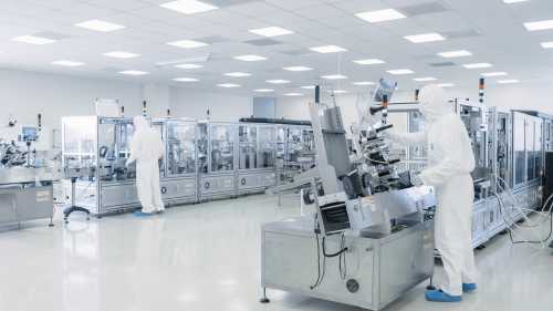 Sterile High Precision Manufacturing Laboratory where Scientists in Protective Coverall's Turn on Machninery, Use Computers and Microscopes, doing Pharmaceutics, Biotechnology Semiconductor Research.