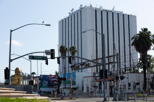 Compton, California / USA - March 29, 2020: Street scene along Compton Boulevard, a main artery in South Los Angeles