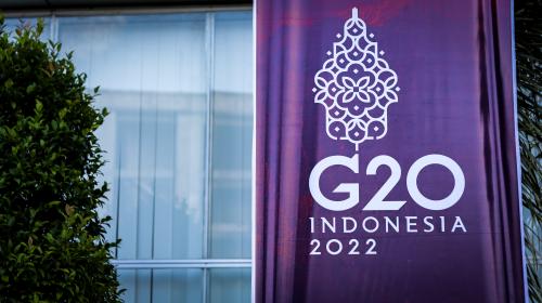 28 April 2022 - a banner of G20 Indonesia 2022 in Poltekpar Palembang, Indonesia