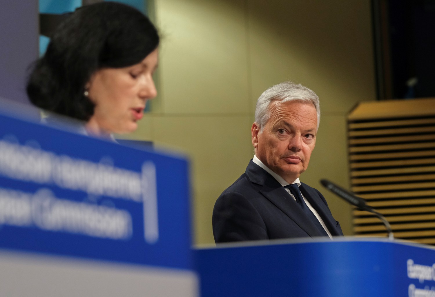 European Commissioner for Values and Transparency Vera Jourova and European Commissioner for Justice Didier Reynders (R) give a news conference on EU rules on data protection (GDPR) and the new EU Strategy on victims' rights, in Brussels, Belgium, June 24, 2020. Olivier Hoslet/Pool via REUTERS