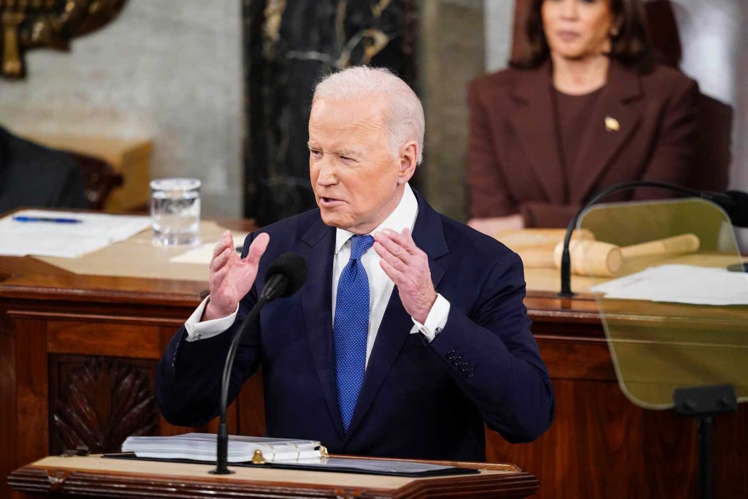 March 1, 2022; Washington, DC, USA; President Joe Biden, flanked by Vice President Kamala Harris, delivers his State of the Union address to a joint session of Congress on Capitol Hill on Tuesday, March 01, 2022 in Washington, DC. Mandatory Credit: Jabin Botsford/Pool via USA TODAY NETWORK