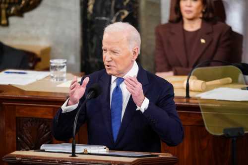 March 1, 2022; Washington, DC, USA; President Joe Biden, flanked by Vice President Kamala Harris, delivers his State of the Union address to a joint session of Congress on Capitol Hill on Tuesday, March 01, 2022 in Washington, DC. Mandatory Credit: Jabin Botsford/Pool via USA TODAY NETWORK