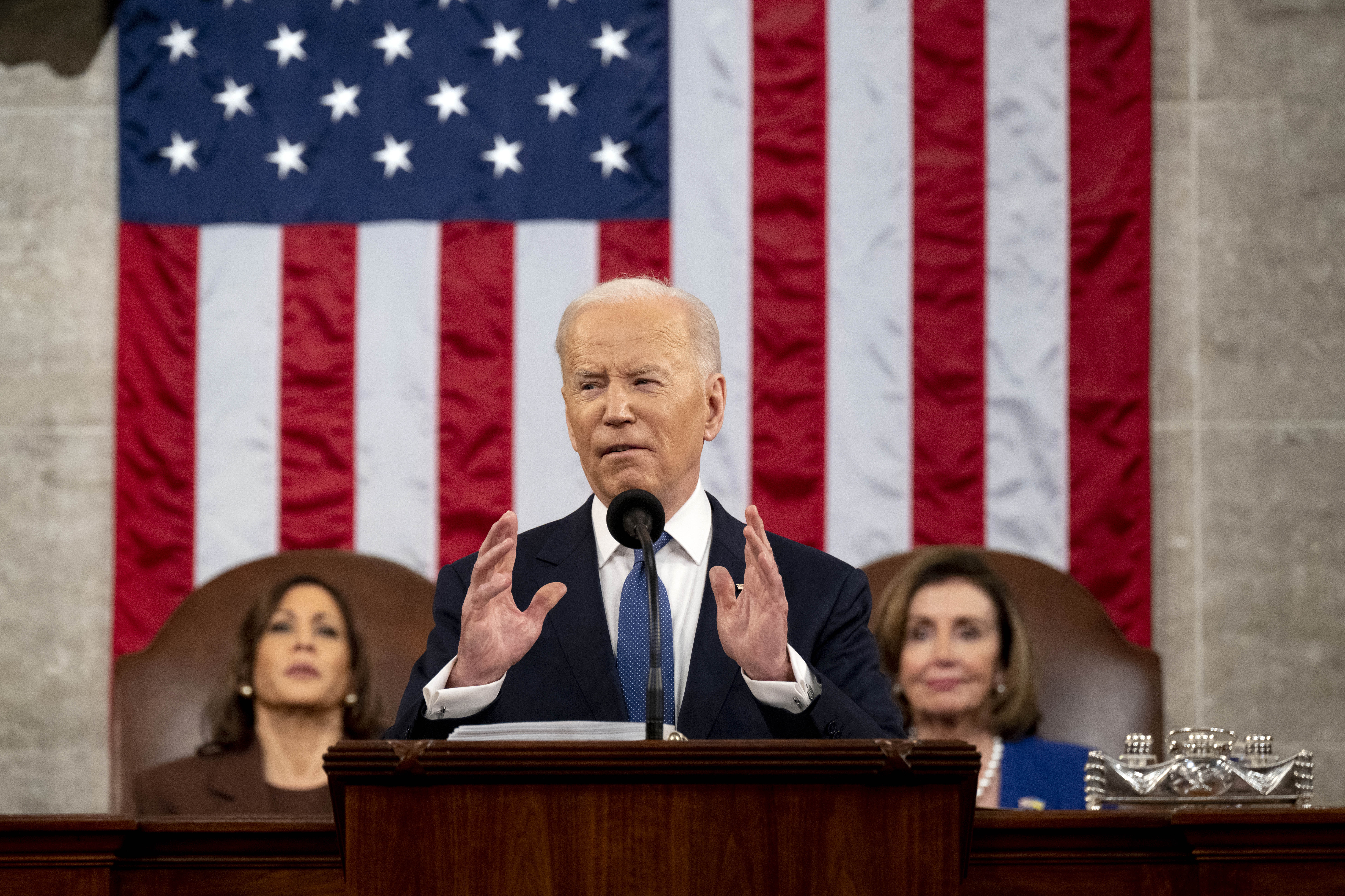 March 1, 2022; Washington, DC, USA; U.S. President Joe Biden delivers the State of the Union address from the House chamber of the United States Capitol in Washington. Mandatory Credit: Saul Loeb/Pool via USA TODAY NETWORK