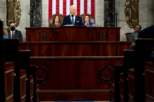 March 1, 2022; Washington, DC, USA; US President Joe Biden delivers the State of the Union address to a joint session of Congress at the US Capitol in Washington, DC, on March 1, 2022. Mandatory Credit: Saul Loeb/Pool via USA TODAY NETWORK