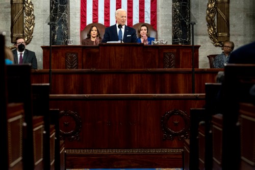 March 1, 2022; Washington, DC, USA; US President Joe Biden delivers the State of the Union address to a joint session of Congress at the US Capitol in Washington, DC, on March 1, 2022. Mandatory Credit: Saul Loeb/Pool via USA TODAY NETWORK