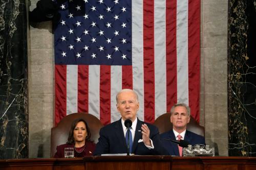 Feb 7, 2023; Washington, DC, USA; President Joe Biden delivers the State of the Union address to a joint session of Congress at the U.S. Capitol, Tuesday, Feb. 7, 2023, in Washington, as Vice President Kamala Harris and House Speaker Kevin McCarthy of Calif., listen. Mandatory Credit: Jacquelyn Martin/Pool-USA TODAY NETWORK
