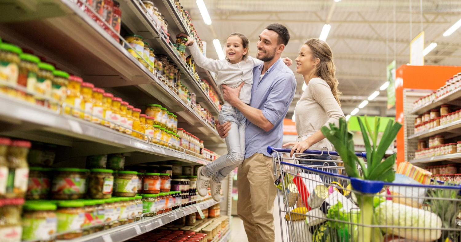 A family shops for groceries