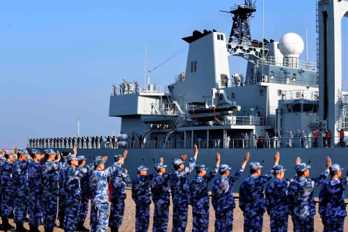 Soldiers of the Chinese People's Liberation Army (PLA) Navy take part in a ceremony as a replenishment ship sets sail to the Gulf of Aden and the waters off Somalia, from a naval port in Qingdao, Shandong province, China September 3, 2020. Picture taken September 3, 2020. China Daily via REUTERS  ATTENTION EDITORS - THIS IMAGE WAS PROVIDED BY A THIRD PARTY. CHINA OUT.