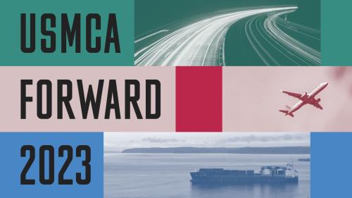 Cover art for USMCA Forward 2023, featuring images of transportation by ground, air, and sea.