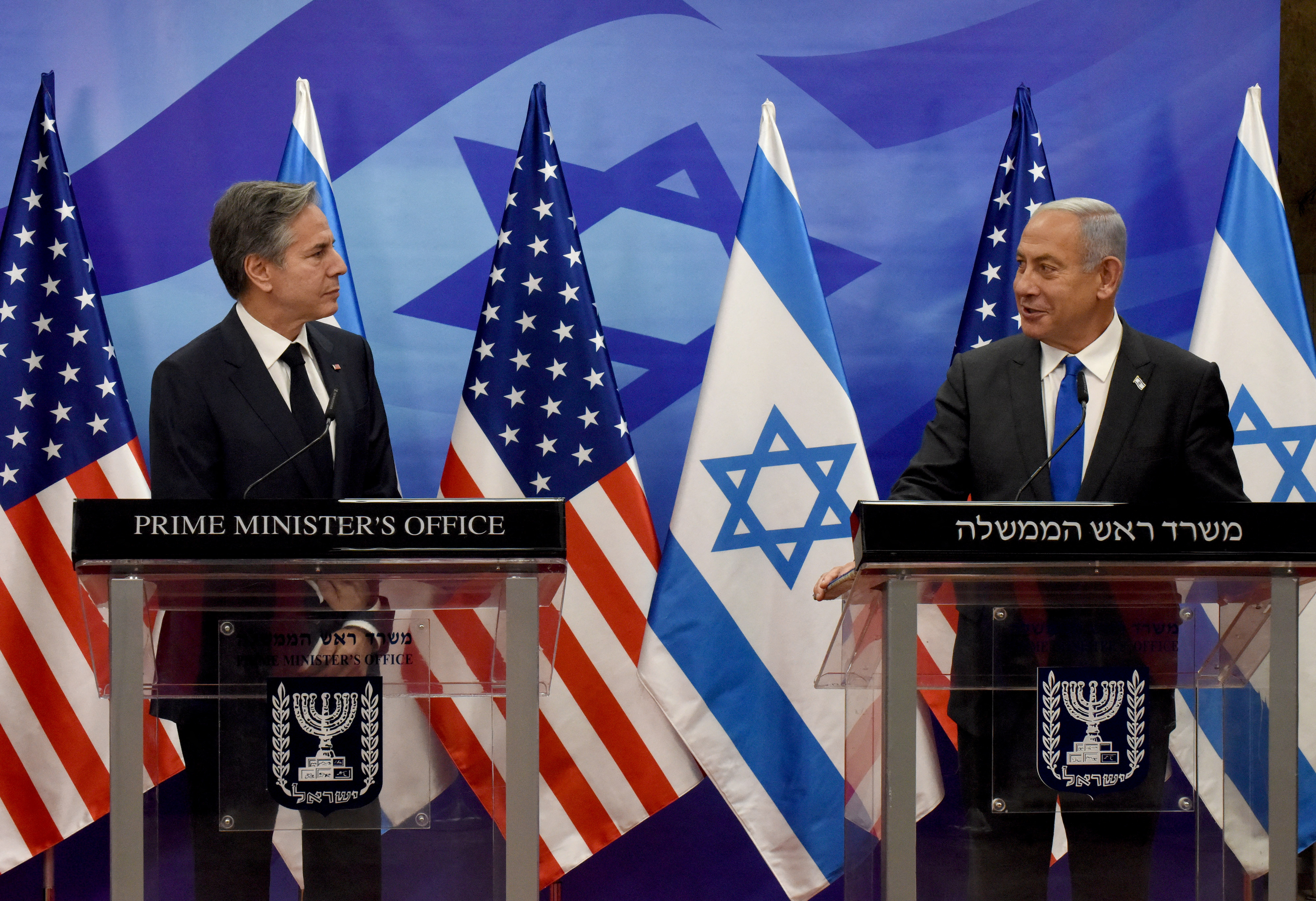 L-R: U.S. Secretary of State Antony Blinken and Israeli Prime Minister Benjamin Netanyahu make statements to the media after their meeting at the Prime Minister's Office in Jerusalem, on Monday, January 30, 2023. DEBBIE HILL/Pool via REUTERS